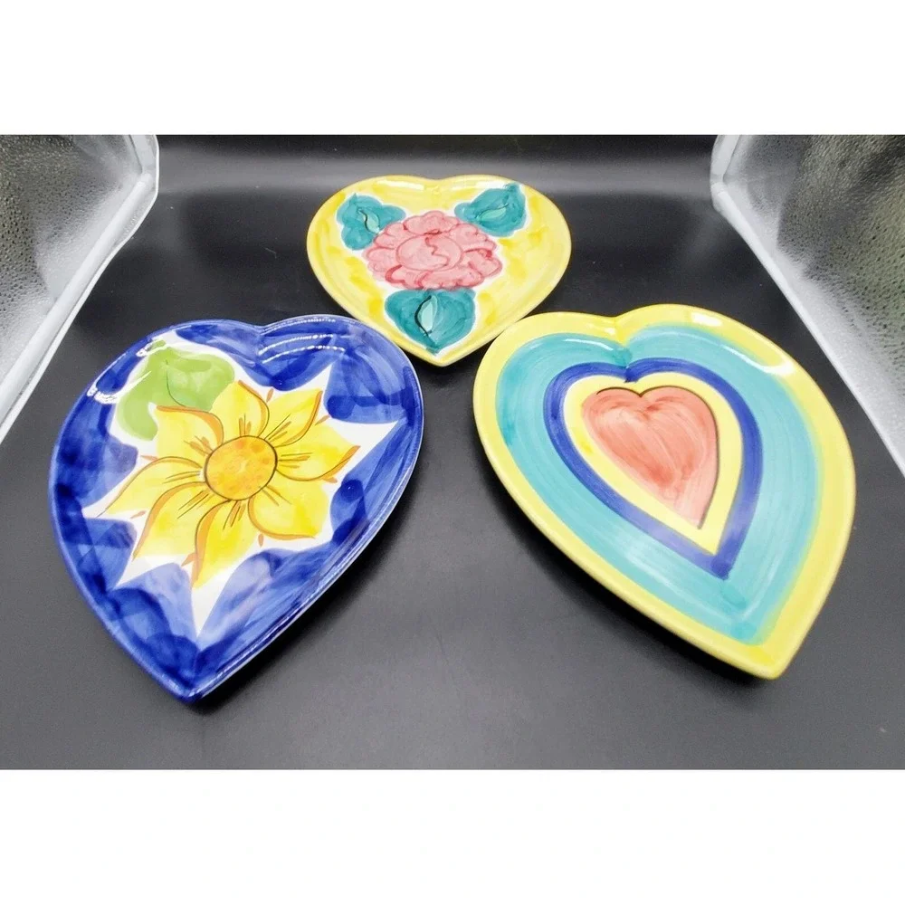Set Of 3 Hand Painted Italian Pottery Heart Shaped Dish Flower Floral 10